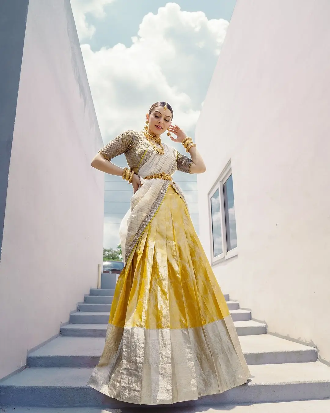 Hansika Motwani Wearing Beautiful Earrings Jewellery Yellow lehenga Choli